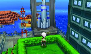 BRENDAN, the male avatar character in Pokémon Omega Ruby and Alpha Sapphire, takes a break from catching Pokémon to view Mossdeep City. 