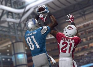 Lions wide receiver Calvin Johnson catches a ball over Cardinals cornerback Patrick Peterson in a 