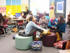 Students at Hall Middle School attend a meeting led by Emily Caindec and Mackenzie Cullens