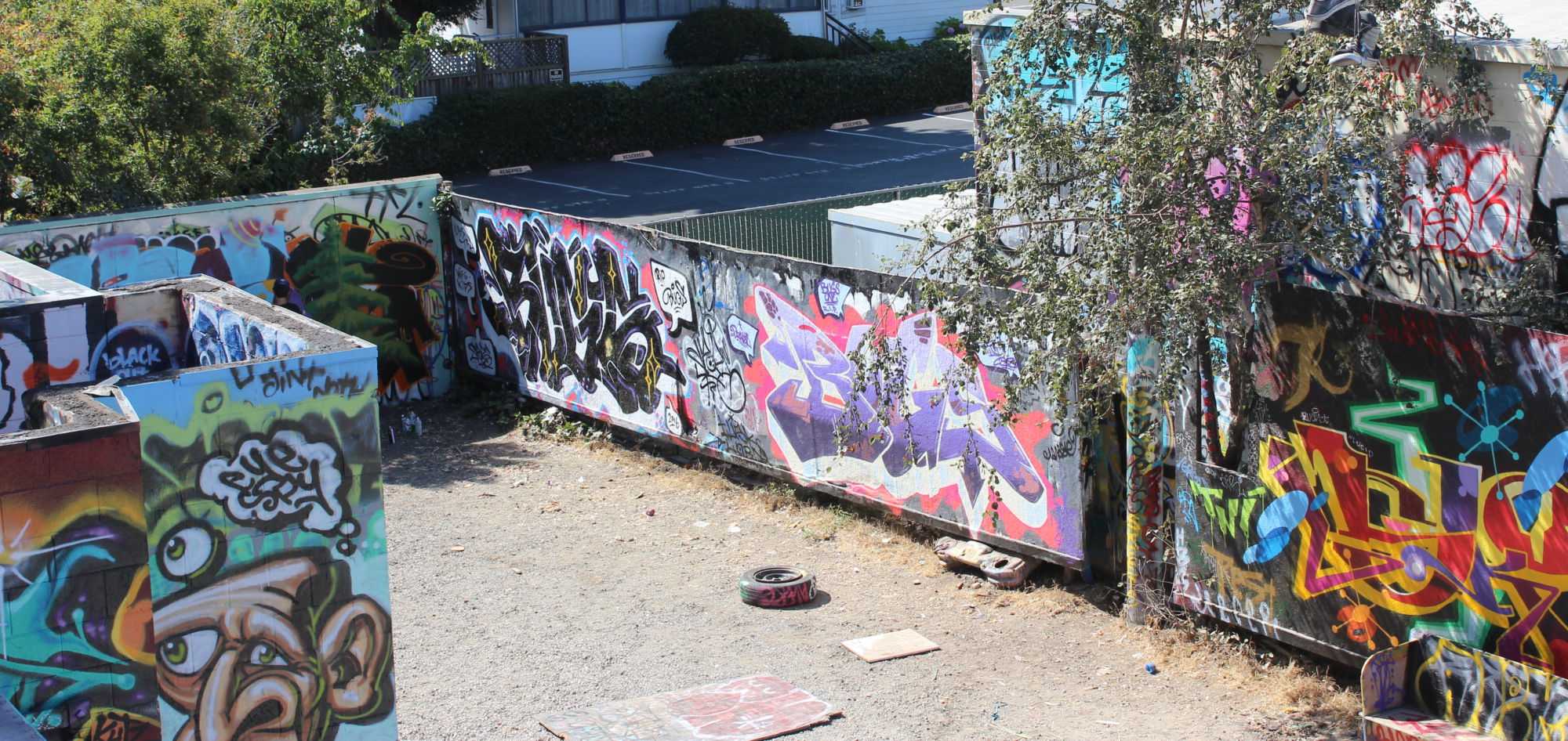 An elevated view of the legal graffiti wall where Addleman and Bettinger practice at the Phoenix Theater in Petaluma.