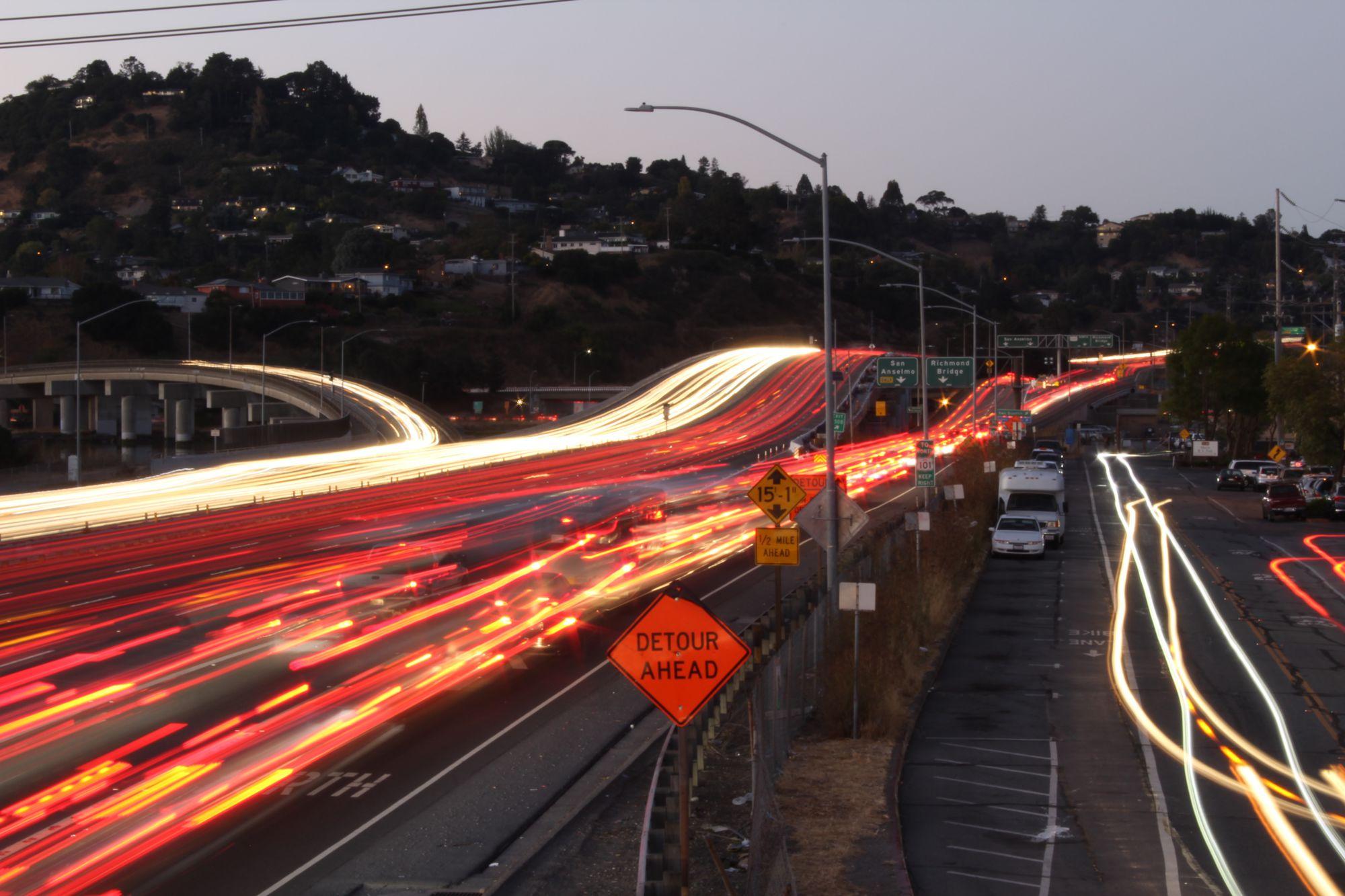 Usually heavy in the evening commute hours, traffic to the Richmond-San Rafael Bridge is gridlocked.