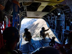 View from inside a Chinook helicopter on the way up to Mt. Whitney to search for a missing climber.