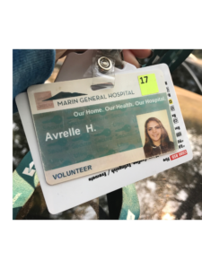 Marin General Hospital volunteer Avrelle Harrington's badge ID card. 