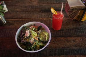 The Little Gem salad with Green Goddess Dressing, along with the Watermelon Basil Agua Fresca.