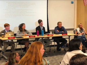 Leadership students Freddie Kehoe, Melissa Block, Greg Dachtler, and Harri Hetrick (Left to Right) answer questions in student forum 