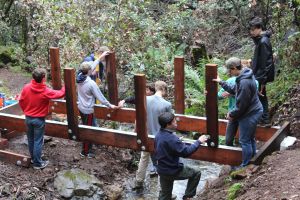 Courtesy of Carl Valdes. Carl Valdes and his friends start to work on the new and improved foot bridge on Mount Tamalpais. 