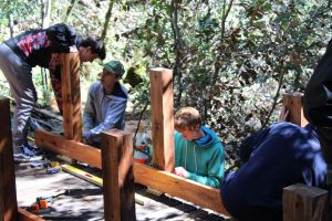 Courtesy of Carl Valdes. Carl Valdes and his friends work together on the new footbridge on Mount Tamalpais.