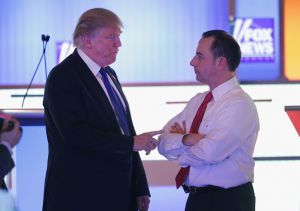 Fully engaged, President Trump talks with former chief of staff, Reince Priebus.
