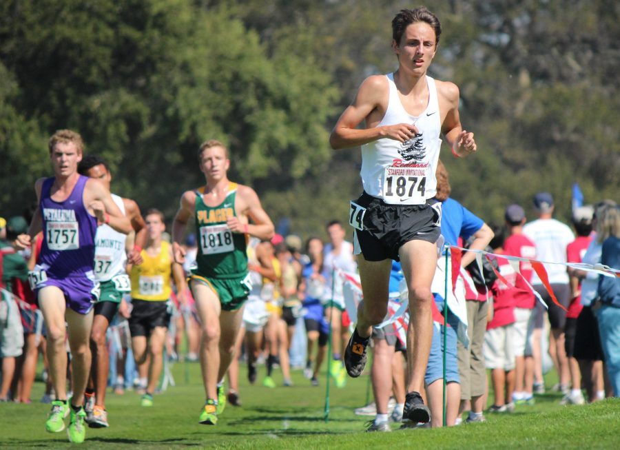 Fred Huxham competes in the Stanford Invitational cross country race. Huxham finished 4th overall in the boys race.