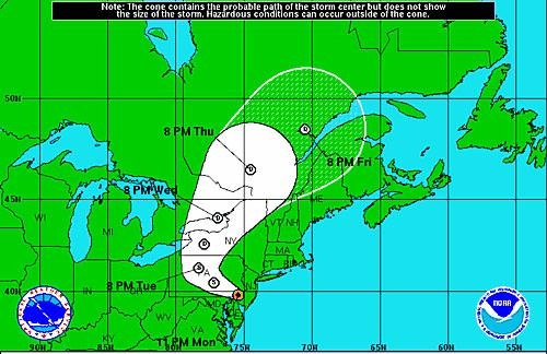 Sandy’s intial projected route heads for Canada, carving out the Northern parts of the East Coast and leaving behind a path of destruction.