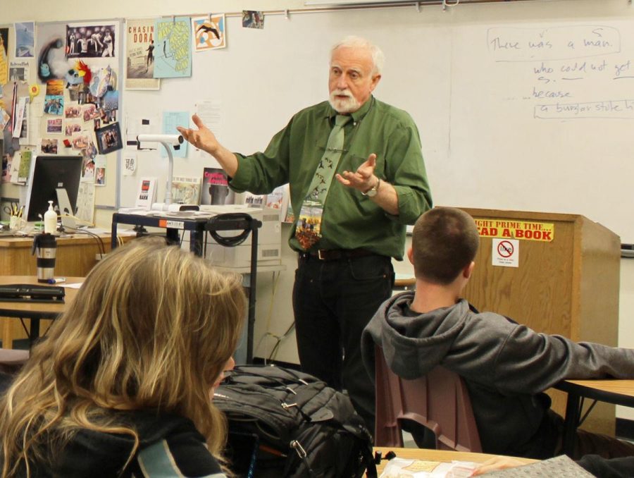 RUSSELL HILL TEACHES an AP Language and Composition class as the long-term substitute for English teacher Emily LaTourrette.