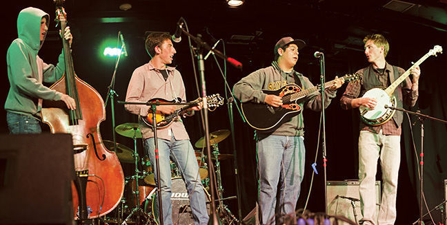 CHARLIE WEATHERFORD, Gideon Elson, Diego Marino, and Ian Stowe jam in the Little Theater, May 28. 