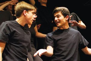 SENIORS DANNY LIEBSTER and Amir Sadrieh perform at the annual Motherlode play in the Little Theater that began on April 8. 