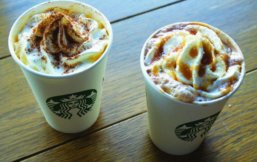 STARBUCKS OFFERS signature fall and winter drinks, such as the Pumpkin Spice Latte (left), and the Salted Caramel Mocha (right) both sold for $4.15 as a “tall” size.