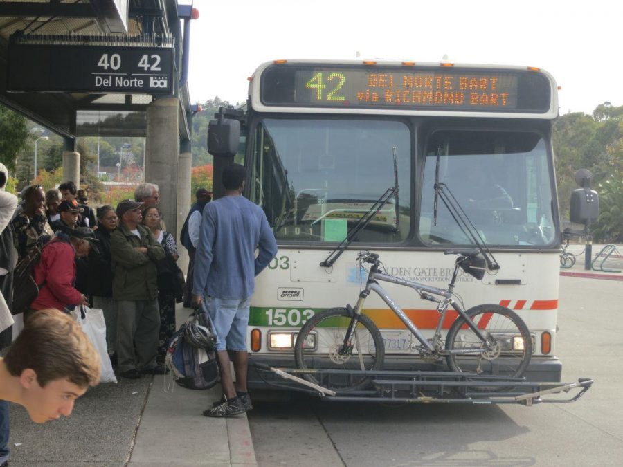Passengers board a bus at the San Rafael Transit Center on Oct. 15. If agreement is not reached, bus drivers will strike on Friday, Oct. 17, and no Golden Gate Transit buses will be in service. 