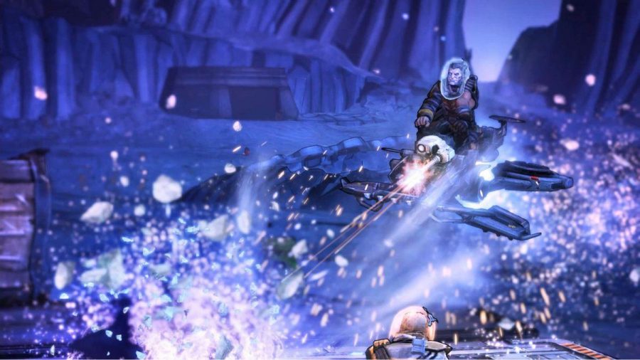 WILHELM, one of the four playable characters in Borderlands: The Pre-Sequel, rides on a vehicles called the Stingray in Triton Flats.