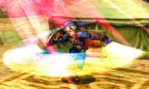 LINK, IN AN alternate costume, performs a spin attack on the Gerudo Valley stage in Super Smash Brothers for the 3DS.