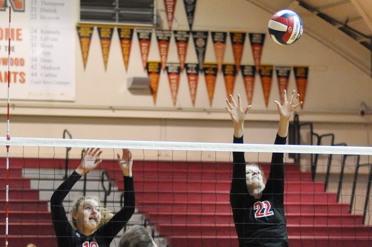 Juniors Adelaide Shunk and Marguerite Spaethling go up for the block. 