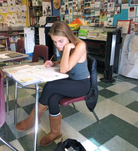 Junior Ulrikke Rovsing of Denmark takes a U.S. history test in her ELD class 