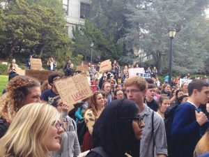 UC Berkelet students protest in front of California Hall following the announcement of the proposed increase. 
