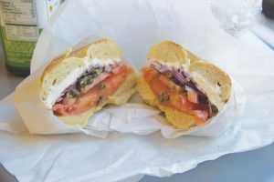 Barton's Bagels serves a crunchy bagel with lox, tomatoes, capers, and onions for $7 in downtown San Anselmo 