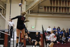 Senior Middle Margo Spaethling hits the ball during the first set of Redwood's NorCal semi-final game against Presentation on Nov. 28.