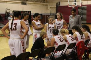 Head coach Diane Peterson discusses strategy with players during a timeout on Tuesday, Dec. 1.