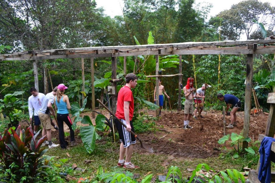 Morgan Glasser y otros voluntarios de Global Student Embassy trabajan en un jardin en La Reserva Valle del Mamoní en Panamá