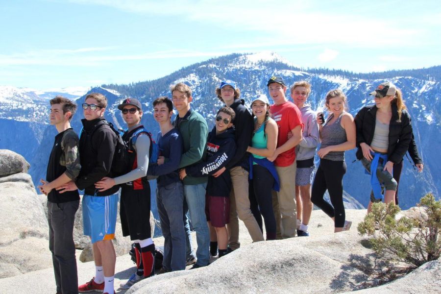 Arriving at the top of Nevada Falls, students of the music department pose together before beginning the long trek down.  The musicians spent a weekend hiking together in order to enhance bonds within the class.