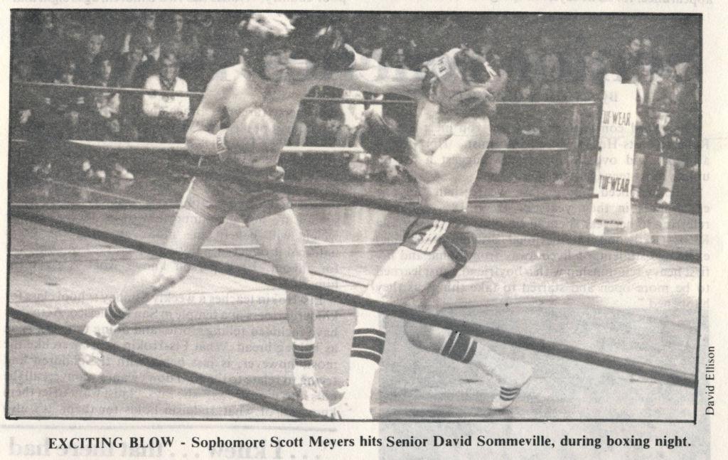 EXCITING BLOW - Sophomore Scott Meyers hits David Sommeville, during boxing night.