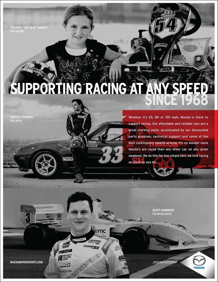 Heather poses in front of her kart in a magazine Mazda ad