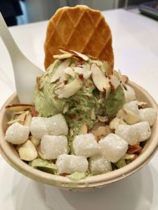 Topped with shaved almonds, mochi and a wafer, the matcha green tea shaved snow is a delicious treat despite lacking strong flavor.
