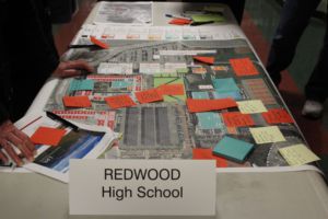 Covered in sticky notes, these plans showed critiques from community members on the current layout on campus. 