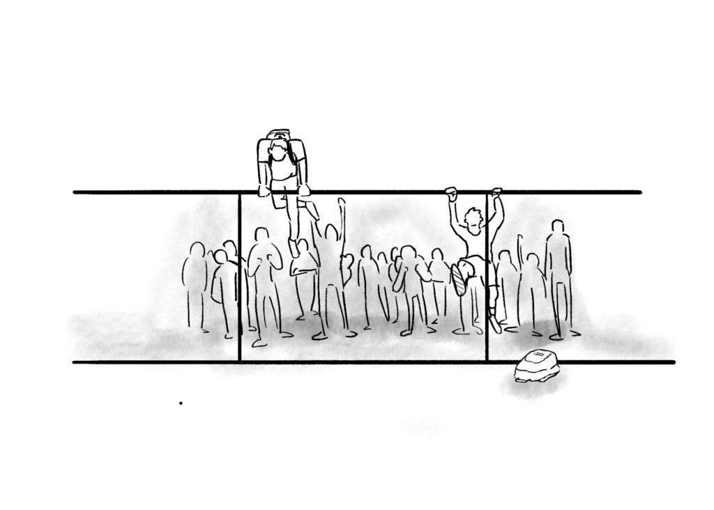 Illustration by Lucas Marchi of students hopping the fence during the bomb threat