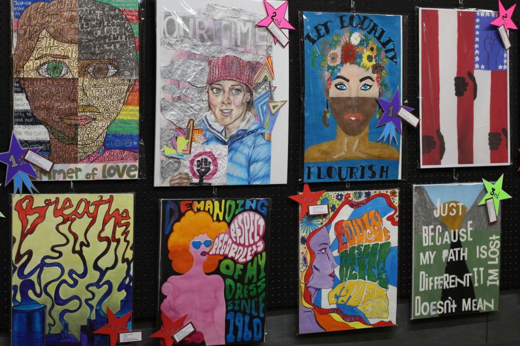 Tamiscal student Rachel Shindelus (poster top left) and former Redwood student Haley Bjursten (poster top mid-left) used the Summer of Love poster contest as an opportunity to voice their opinions on world problems through art.
