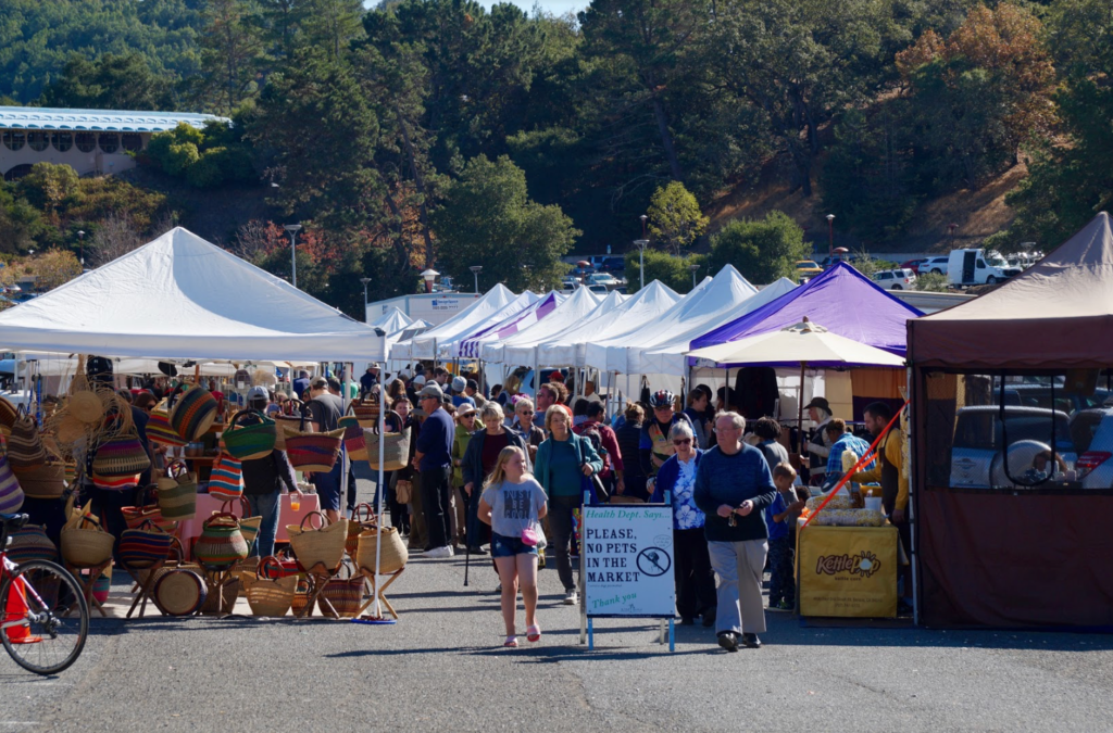 Marin Civic Center farmer’s market offers several tents with a variety of products. 
