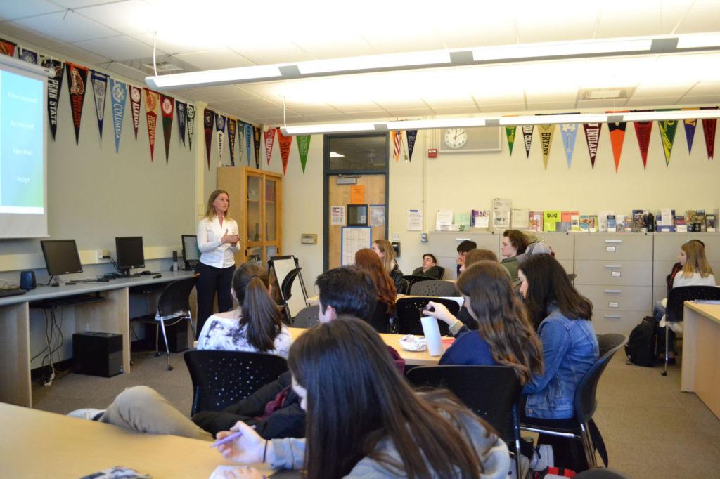 Redwood students meet in room 111 for a career conversation with environmental sustainability speaker. 
