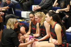 Giving advice, Coach Peterson talks to Stachowski and her teammates on the sideline.