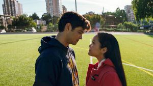 Lara Jean Covey, played by Lana Condor, shares a special moment with her fake boyfriend, Peter Kavinsky