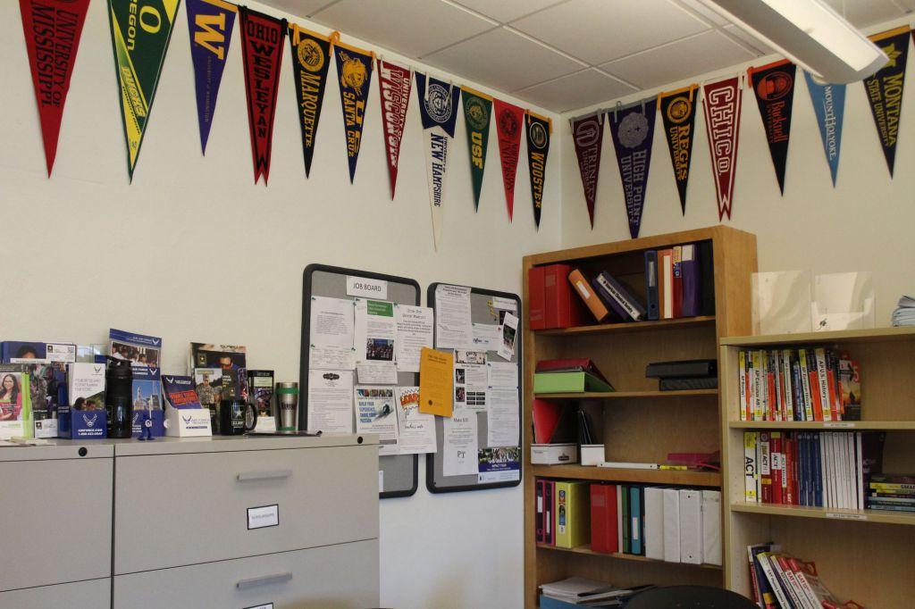 Banners hang in the College and Career Center showing off different colleges. 