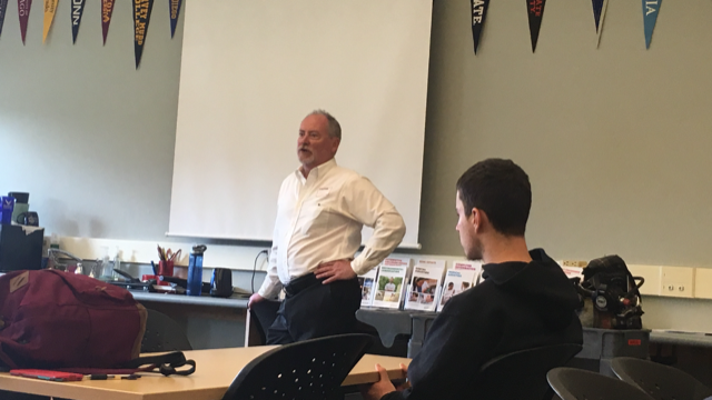 Former firefighter Terry Fitzsimmons presents a career conversation to students in the College and Career Center.