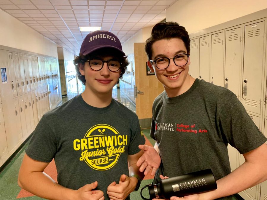 Seniors Nate Mosse and Theo Wood sport their school gear and celebrate commitment day. Wood will be attending Chapman University and Mosse will be attending Amherst.