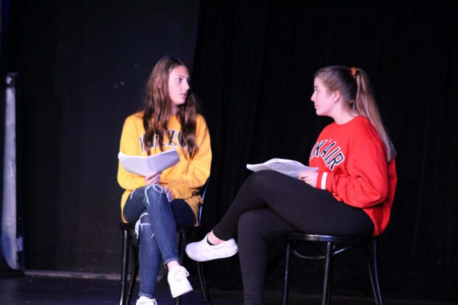 Sophomore Isabella Janes playing “Girl” speaks with sophomore Olivia Bixler playing Dewie on a date in Check Please. 