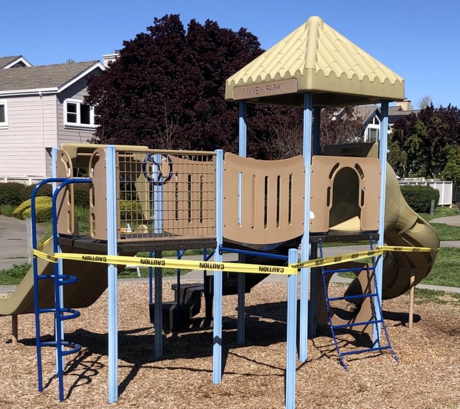 Local parks are discouraging the spread of COVID-19 by prohibiting access to play structures, as is the case with this playground in Niven Park.