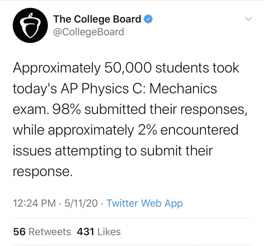 Following the Advanced Placement Physics C Exam, lots of students reported trouble submitting their exams, prompting a response from the College Board over social media. Tweet Courtesy of the College Board’s Twitter Account.

