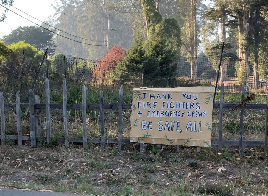 With the fire-evacuation warning recently lifted for Bolinas, residents dot nearby roads with handcrafted signs of thanks to firefighters and emergency workers. 
