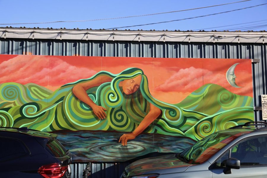 Proof Lab Surf Shop in Mill Valley features numerous murals by local artists, including the “Woman of the Ridge Mural” which “symbolizes a cultural crossroads honoring the sleeping lady of Mt. Tam,” according to the mural’s placard.