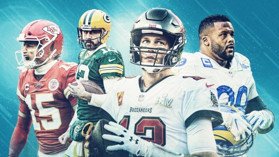 Tom Brady, Aaron Rodgers, Patrick Mahomes, and Aaron Donald enter the 2021-22 season leading their teams to the top of Super Bowl betting odds. (Photo courtesy of PFF (Pro Football Focus))
