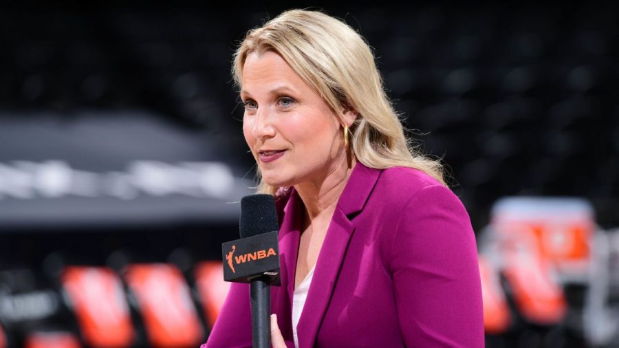 Broadcasting for a WNBA game, Byington analyzes the court in order to display her play-by-play announcing skills. (Courtesy of CNN) 