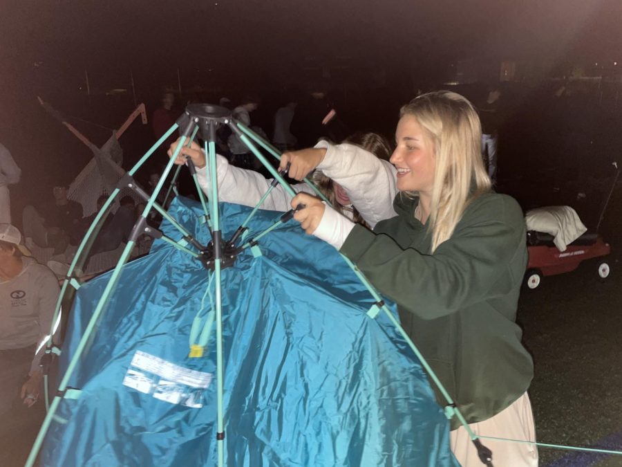 In an effort to pull off a senior prank, students set up tents on the lacrosse field and plan on spending a Monday night during finals week at school.